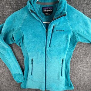 Patagonia Fleece Jacket Women Blue Fuzzy Soft Small Full Zip Pockets Logo Waffle